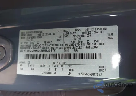 2024 Ford Escape St-Line из США, поврежденный, VIN 1FMCU9MN6RUB20575